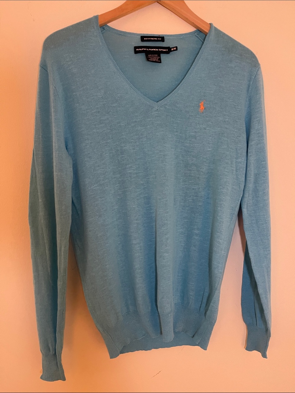 Ralph Lauren Sky Blue V-Neck Sweater with Orange Pony Boyfriend Fit M
